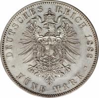 reverse of 5 Mark - Friedrich III (1888) coin with KM# 512 from German States. Inscription: DEUTSCHES REICH 1888 * FÜNF MARK *