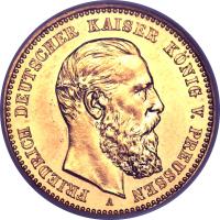 obverse of 10 Mark - Friedrich III (1888) coin with KM# 514 from German States. Inscription: FRIEDRICH DEUTSCHER KAISER KÖNIG V. PREUSSEN A
