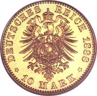 reverse of 10 Mark - Friedrich III (1888) coin with KM# 514 from German States. Inscription: DEUTSCHES REICH 1888 * 10 MARK *