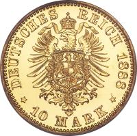 reverse of 10 Mark - Wilhelm I (1874 - 1888) coin with KM# 504 from German States. Inscription: DEUTSCHES REICH 1888 * 10 MARK *