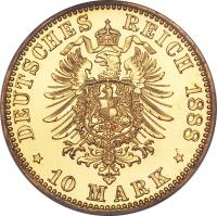 German States coin 10 Mark - Wilhelm I (1874 - 1888) reverse reverse of 10 Mark - Wilhelm I (1874 - 1888) coin with KM# 504 from German States. Inscription: DEUTSCHES REICH 1888 * 10 MARK *