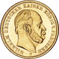 obverse of 20 Mark - Wilhelm I (1874 - 1888) coin with KM# 505 from German States. Inscription: WILHELM DEUTSCHER KAISER KONIG V. PREUSSEN B