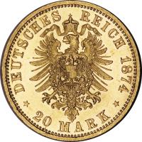 reverse of 20 Mark - Wilhelm I (1874 - 1888) coin with KM# 505 from German States. Inscription: DEUTSCHES REICH 1874 * 20 MARK *