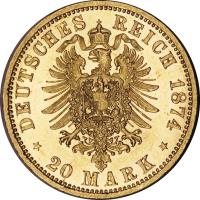 German States coin 20 Mark - Wilhelm I (1874 - 1888) reverse reverse of 20 Mark - Wilhelm I (1874 - 1888) coin with KM# 505 from German States. Inscription: DEUTSCHES REICH 1874 * 20 MARK *