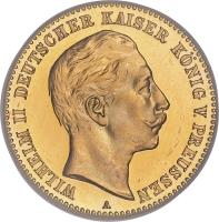 obverse of 10 Mark - Wilhelm II (1890 - 1912) coin with KM# 520 from German States. Inscription: WILHELM II DEUTSCHER KAISER KÖNIG V. PREUSSEN A