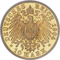 reverse of 10 Mark - Wilhelm II (1890 - 1912) coin with KM# 520 from German States. Inscription: DEUTSCHES REICH 1904 * 10 MARK *