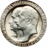 obverse of 3 Mark - Wilhelm II - University of Berlin (1910) coin with KM# 530 from German States. Inscription: FRIEDRICH WILHELM III · WILHELM II 1810 1910 *UNIVERSITÄT BERLIN*