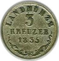 reverse of 3 Kreuzer - Bernhard II (1831 - 1835) coin with KM# 133 from German States. Inscription: LANDMÜNZE 3 KREUZER 1835