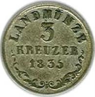 German States coin 3 Kreuzer - Bernhard II (1831 - 1835) reverse reverse of 3 Kreuzer - Bernhard II (1831 - 1835) coin with KM# 133 from German States. Inscription: LANDMÜNZE 3 KREUZER 1835
