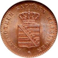 German States coin 2 Pfennige - Bernhard II (1860 - 1866) obverse obverse of 2 Pfennige - Bernhard II (1860 - 1866) coin with KM# 171 from German States. Inscription: HERZOGTHUM SACHSEN MEININGEN
