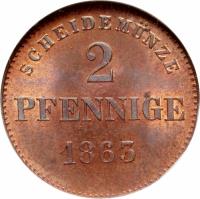 German States coin 2 Pfennige - Bernhard II (1860 - 1866) reverse reverse of 2 Pfennige - Bernhard II (1860 - 1866) coin with KM# 171 from German States. Inscription: SCHEIDEMÜNZE 2 PFENNIGE 1863
