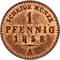 reverse of 1 Pfennig - Carl Alexander (1858 - 1865) coin with KM# 205 from German States. Inscription: SCHEIDE MÜNZE 1 PFENNIG 1858 A