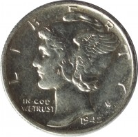 United States coin 1 Dime - Mercury Dime (1916 - 1945) obverse obverse of 1 Dime - Mercury Dime (1916 - 1945) coin with KM# 140 from United States. Inscription: LIBERTY IN GOD WE TRUST 1942