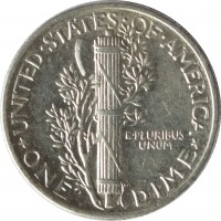 United States coin 1 Dime - Mercury Dime (1916 - 1945) reverse reverse of 1 Dime - Mercury Dime (1916 - 1945) coin with KM# 140 from United States. Inscription: UNITED · STATES · OF · AMERICA E · PLURIBUS UNUM * ONE DIME *