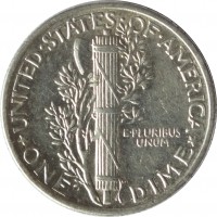 reverse of 1 Dime - Mercury Dime (1916 - 1945) coin with KM# 140 from United States. Inscription: UNITED · STATES · OF · AMERICA E · PLURIBUS UNUM * ONE DIME *