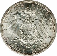 German States coin 3 Mark - Wilhelm Ernst - Duke's Marriage (1910) reverse reverse of 3 Mark - Wilhelm Ernst - Duke's Marriage (1910) coin with KM# 221 from German States. Inscription: DEUTSCHES REICH 1910 - DREI MARK