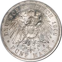 German States coin 5 Mark - Wilhelm Ernst - Jena University (1908) reverse reverse of 5 Mark - Wilhelm Ernst - Jena University (1908) coin with KM# 220 from German States.