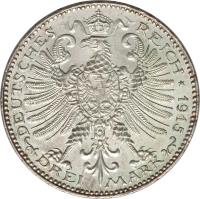 German States coin 3 Mark - Wilhelm Ernst - Grand Duchy (1915) reverse reverse of 3 Mark - Wilhelm Ernst - Grand Duchy (1915) coin with KM# 222 from German States. Inscription: DEUTSCHES REICH * 1915 DREI MARK