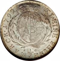 German States coin 1/3 Thaler - Friedrich August I/III (1791 - 1802) reverse reverse of 1/3 Thaler - Friedrich August I/III (1791 - 1802) coin with KM# 1024 from German States. Inscription: XL.EINE FEINE 1/3 MARK.1801