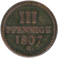 German States coin 3 Pfennige - Friedrich August I/III (1807 - 1824) reverse reverse of 3 Pfennige - Friedrich August I/III (1807 - 1824) coin with KM# 1058 from German States. Inscription: III PFENNIGE 1807