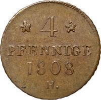 German States coin 4 Pfennig - Friedrich August I/III (1808 - 1810) reverse reverse of 4 Pfennig - Friedrich August I/III (1808 - 1810) coin with KM# 1064 from German States. Inscription: 4 PFENNIGE 1808