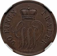 obverse of 4 Pfennige - Georg Wilhelm (1858) coin with KM# 42 from German States. Inscription: 90 EINEN THALER