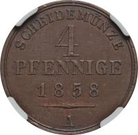 reverse of 4 Pfennige - Georg Wilhelm (1858) coin with KM# 42 from German States. Inscription: SCHEIDEMUNZE 4 PFENNIGE 1858 A