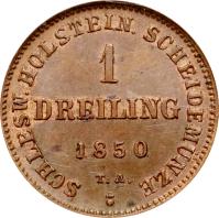 German States coin 1 Dreiling - Provisional Government (1850) reverse reverse of 1 Dreiling - Provisional Government (1850) coin with KM# 160 from German States. Inscription: SCHLESW.HOLSTEIN SCHEIDE MUNZE 1 DREILING 1850 T. A.