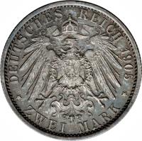 German States coin 2 Mark - Karl Günther - Silver Jubilee - thicker rim (1905) reverse reverse of 2 Mark - Karl Günther - Silver Jubilee - thicker rim (1905) coin with KM# 152 from German States. Inscription: DEUTSCHES REICH 1905 * ZWEI MARK *