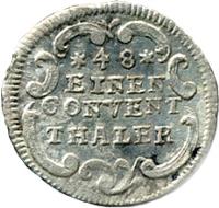 German States coin 1/48 Conventionsthaler - Karl Eugen (1767 - 1792) reverse reverse of 1/48 Conventionsthaler - Karl Eugen (1767 - 1792) coin with KM# 422 from German States. Inscription: 48 EINEN CONVENT THALER