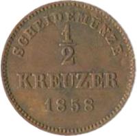 German States coin 1/2 Kreuzer - Wilhelm I (1858 - 1864) reverse reverse of 1/2 Kreuzer - Wilhelm I (1858 - 1864) coin with KM# 603 from German States. Inscription: SCHEIDEMÜNZE 1/2 KREUZER 1858