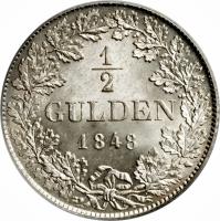German States coin 1/2 Gulden - Wilhelm I (1838 - 1858) reverse reverse of 1/2 Gulden - Wilhelm I (1838 - 1858) coin with KM# 573 from German States. Inscription: ½ GULDEN 1848