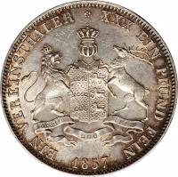 German States coin 1 Vereinsthaler - Wilhelm I (1857 - 1864) reverse reverse of 1 Vereinsthaler - Wilhelm I (1857 - 1864) coin with KM# 601 from German States. Inscription: EIN VEREINSTHALER XXX EIN PFUND FEIN furchtlos und trew 1857