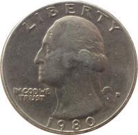 obverse of 1/4 Dollar - Washington Quarter (1965 - 1998) coin with KM# 164a from United States. Inscription: LIBERTY IN GOD WE TRUST 1995
