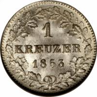 German States coin 1 Kreuzer - Wilhelm I (1842 - 1857) reverse reverse of 1 Kreuzer - Wilhelm I (1842 - 1857) coin with KM# 590 from German States. Inscription: 1 KREUZER 1853