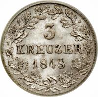German States coin 3 Kreuzer - Wilhelm (1842 - 1856) reverse reverse of 3 Kreuzer - Wilhelm (1842 - 1856) coin with KM# 591 from German States. Inscription: 3 KREUZER 1848
