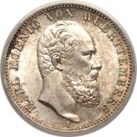 obverse of 2 Mark - Karl I (1876 - 1888) coin with KM# 626 from German States. Inscription: KARL KOENIG VON WUERTTEMBERG