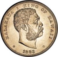 obverse of 1 Dollar - Kalākaua (1883) coin with KM# 7 from Hawaii. Inscription: KALAKAUA I KING OF HAWAII · 1883 ·