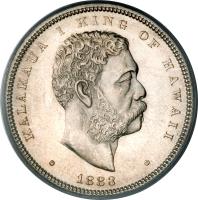 obverse of 1/2 Dollar - Kalākaua (1883) coin with KM# 6 from Hawaii. Inscription: KALAKAUA I KING OF HAWAII · 1883 ·