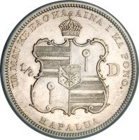 reverse of 1/2 Dollar - Kalākaua (1883) coin with KM# 6 from Hawaii. Inscription: UA MAU KE EA O KA AINA I KA PONO. ½ D HAPALUA