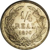 reverse of 1/4 Real (1869 - 1870) coin with KM# 31 from Honduras. Inscription: 1/4 REAL 1869