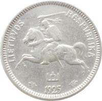 obverse of 1 Litas (1925) coin with KM# 76 from Lithuania. Inscription: LIETUVOS RESPUBLIKA 1925