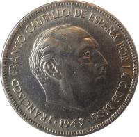 obverse of 5 Pesetas - Francisco Franco (1949) coin with KM# 778 from Spain. Inscription: FRANCISCO FRANCO CAUDILLO DE ESPAÑA POR LA G.DE DIOS 1949