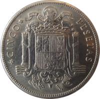 reverse of 5 Pesetas - Francisco Franco (1949) coin with KM# 778 from Spain. Inscription: CINCO PESETAS UNA GRANDE LIBRE