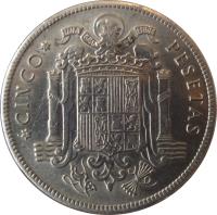 Spain coin 5 Pesetas - Francisco Franco (1949) reverse reverse of 5 Pesetas - Francisco Franco (1949) coin with KM# 778 from Spain. Inscription: CINCO PESETAS UNA GRANDE LIBRE