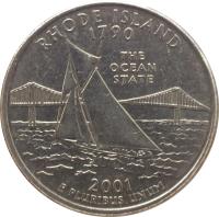 United States coin 1/4 Dollar - Rhode Island - Washington Quarter (2001) reverse reverse of 1/4 Dollar - Rhode Island - Washington Quarter (2001) coin with KM# 320 from United States. Inscription: RHODE ISLAND 1790 THE OCEAN STATE 2001 E PLURIBUS UNUM TDR