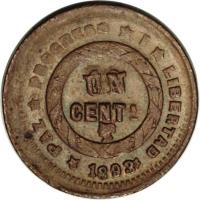 Honduras coin 1 Centavo (1890 - 1895) reverse reverse of 1 Centavo (1890 - 1895) coin with KM# 61 from Honduras. Inscription: PAZ*PROGRESO*I*LIBERTAD UN CENT 1893