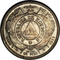 obverse of 1 Peso (1883 - 1914) coin with KM# 52 from Honduras. Inscription: REPUBLICA DE HONDURAS 0.900 UN PESO 1890 25 G