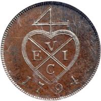 India coin 1/2 Pice (1791 - 1794) obverse obverse of 1/2 Pice (1791 - 1794) coin with KM# 192 from India. Inscription: 4 V E I C 1794