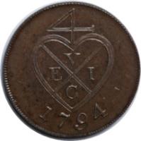 obverse of 2 Pice (1791 - 1794) coin with KM# 196 from India. Inscription: 4 V E I C 1794